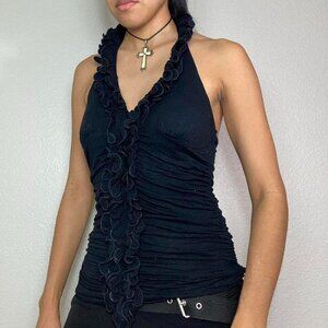 Y2K AGACI RUFFLE HALTER TOP
